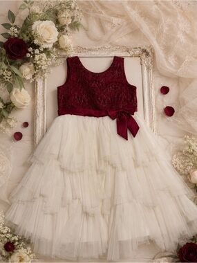 American Princess Dress Burgundy Lace Bodice with Cream Tulle Tiered Dress